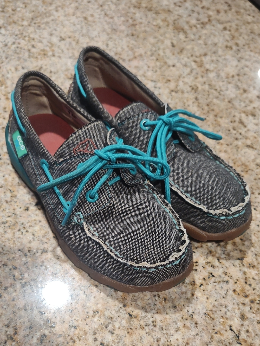 Twisted X Kids Tweed Dark Brown Denim Moccasins Boat Shoes with Teal Laces